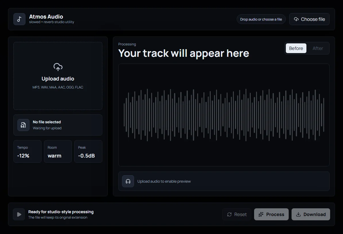The Atmos Audio music processing interface with audio upload and atmosphere controls