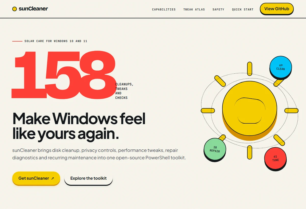 The sunCleaner website presenting its Windows cleanup and maintenance tool