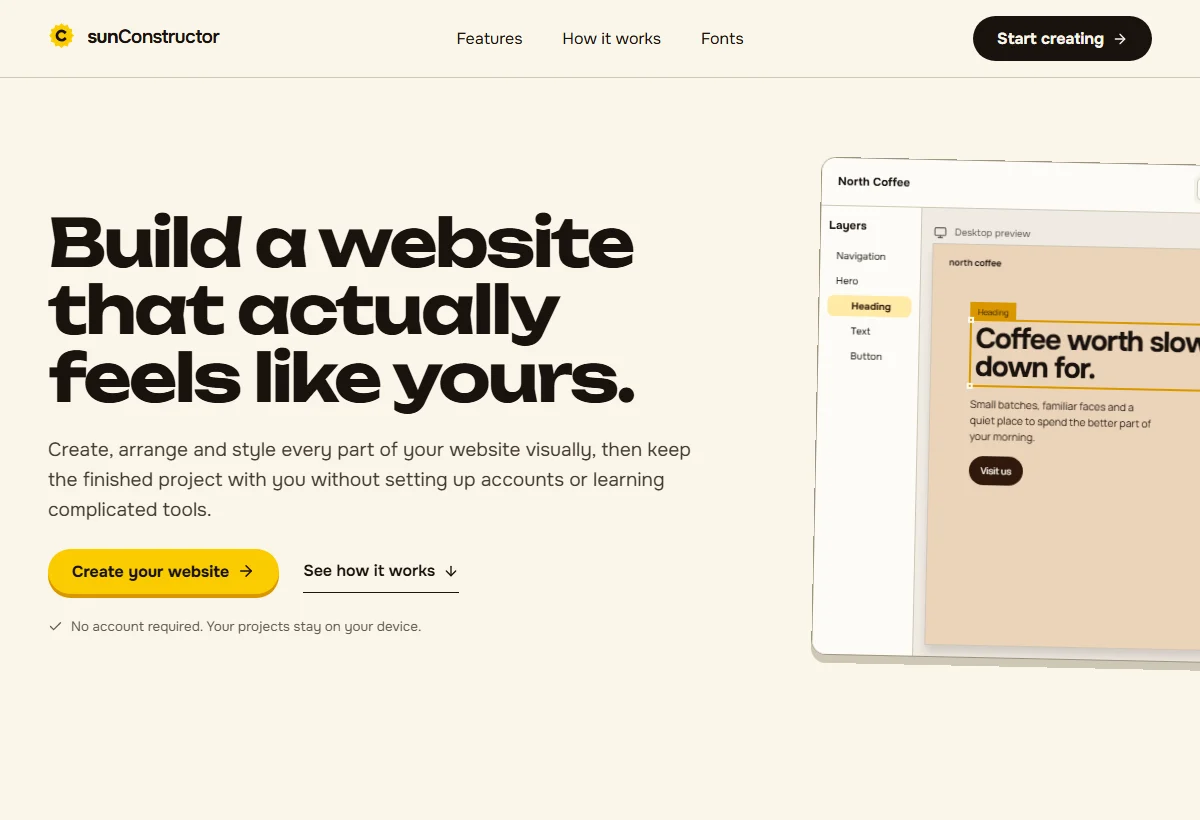 The sunConstructor homepage, with a warm yellow palette and visual website building tools